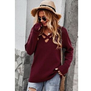 Miss Sparkling Boho Pullover Sweater in Wine NWOT Size Large